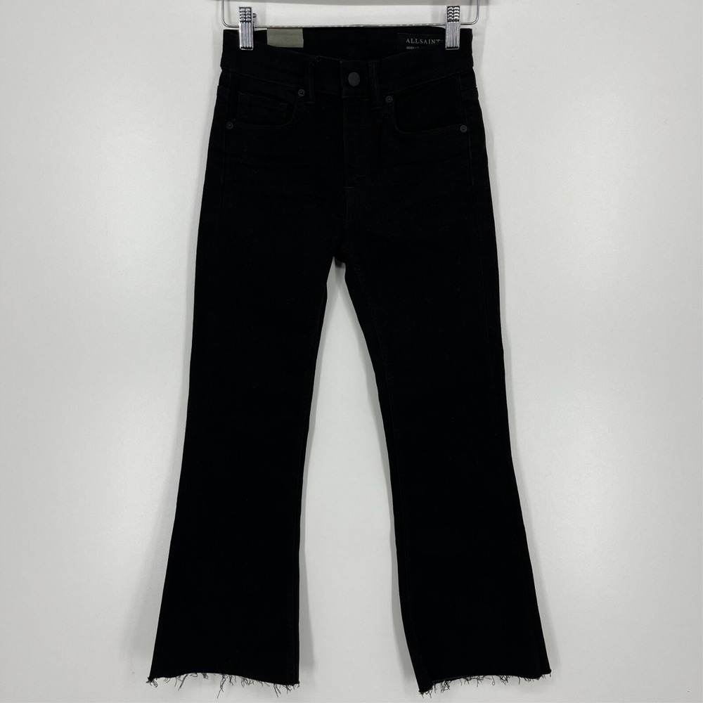 AllSaints Heidi Cropped Flare Jeans Black High Rise Raw Hem Size 25 New